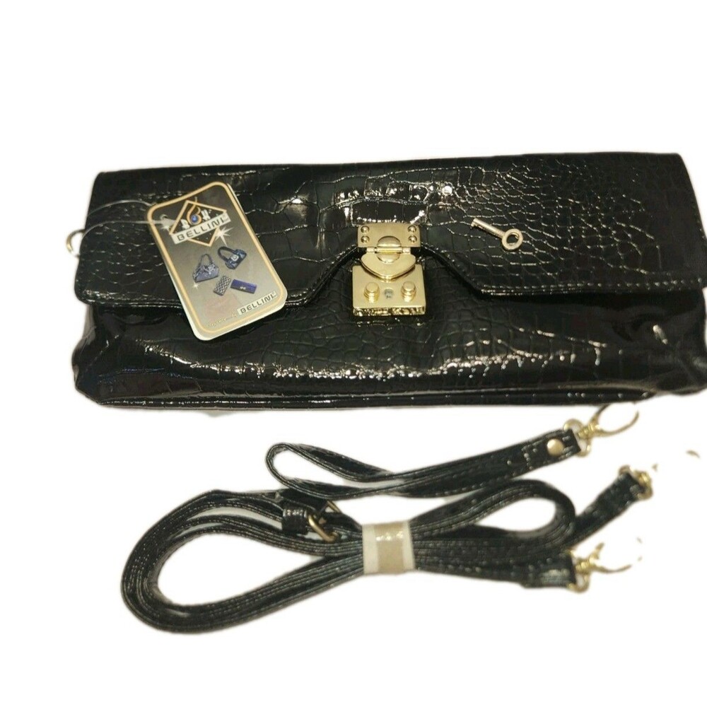 Bellini Black Faux Patent Leather Clutch Wristlet Crossbody Gold Hardware NEW